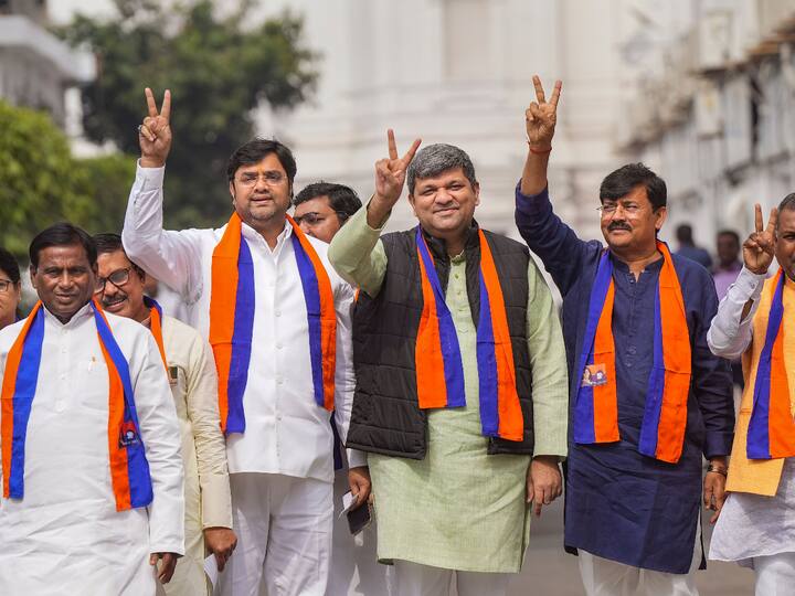 Uttar Pradesh minister Ashish Singh Patel with Apna Dal (S) MLAs before casting his vote for the Rajya Sabha elections, in Lucknow. (Photo: PTI)