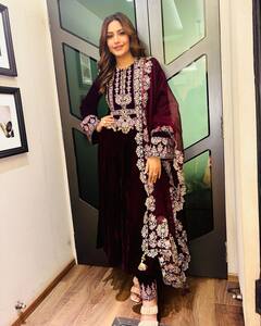 Surbhi Chandna Gives Perfect Ethnic Vibe In Maroon Velvet Suit For Rakshak - Indias Braves Promotions