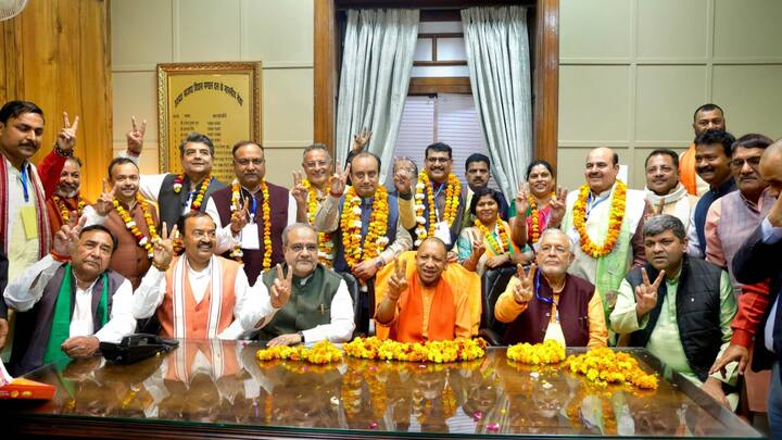 After winning, UP CM Yogi Adityanath, State President Bhupendra Chaudhary, and Deputy CM Keshav Prasad Maurya joined the celebrations for the saffron party's success. All eight candidates who won the Rajya Sabha polls were also a part of the celebration. (Source: PTI )