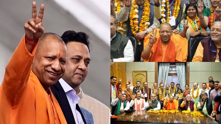 UP Chief Minister Yogi Adityanath, State President Bhupendra Chaudhary, and Deputy CM Keshav Prasad Maurya celebrated BJP's big victory in the Rajya Sabha polls.