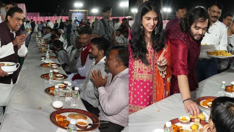 Mukesh Anant Ambani Radhika Marchant served food in Anna Seva utsav in Jamnagar Gujrat know in details Anant-Radhika Wedding: ৫১ হাজার মানুষের অন্নসেবা, 'জয় শ্রী কৃষ্ণ' বলে খাবার পরিবেশন করলেন মুকেশ, অনন্ত, রাধিকা