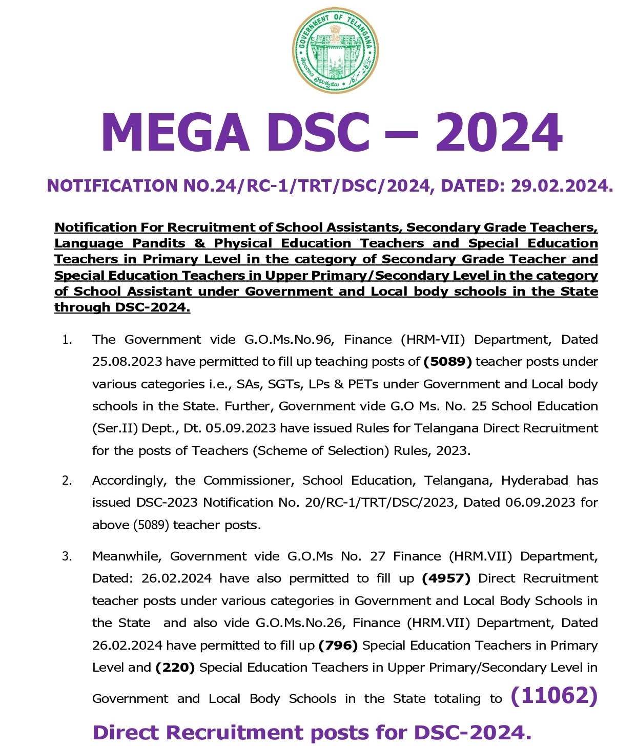 Telangana DSC Notification: తెలంగాణలో 11062 పోస్టులతో 'మెగా డీఎస్సీ' నోటిఫికేషన్ వచ్చేసింది - దరఖాస్తు, పరీక్ష వివరాలు ఇలా