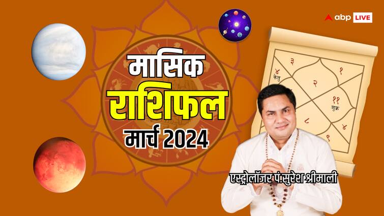 Masik Rashifal Monthly Horoscope March 2024 by astrologer Pundit Suresh Shrimali Monthly Horoscope March 2024: मेष, कन्या, वृश्चिक, कुंभ, मीन राशि वालों के लिए कैसा रहेगा मार्च 2024, जानें मासिक राशिफल