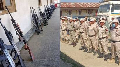 Manipur police laid down arms and protest against abduction of police officer கடத்தப்பட்ட காவல்துறை அதிகாரி! ஆயுதங்களை கீழே போட்டுவிட்டு கமாண்டோக்கள் போராட்டம்!
