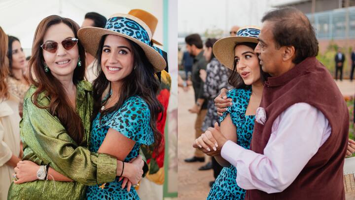 'जंगल फीवर' थीम को फॉलो करते हुए ब्राइड-टू-बी राधिका मर्चेंट ने नीले रंग का टाइगर प्रिंट आउटफिट पहने नजर आईं. इसके साथ उन्होंने मैचिंग हैट भी पेयर किया. इस आउटफिट में वे बेहद कूल दिख रही थीं. साथ ही सामने आई तस्वीरों में वे अपनी होने वाली सास नीता अंबानी के साथ पोज देती दिखीं तो वहीं होने वाले ससुर मुकेश अंबानी भी उनपर प्यार लुटाते दिखे.