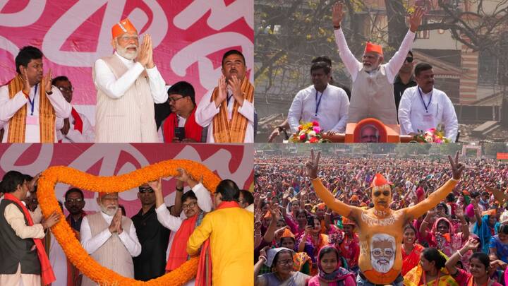 PM Modi unveiled multiple development projects worth Rs 15,000 crore at a public rally in Bengal's Nadia district today. He even held a roadshow in Krishnanagar after the programme.