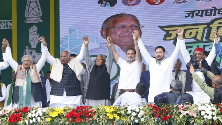 Lok Sabha Election 2024 Rahul Gandhi Mallikarjun Kharge Lalu Prasad Tejashwi Yadav Akhilesh Yadav PM Modi INDIA Bihar Patna Patna Rally: Rahul Stresses Ideological Battle, Kharge's 'Tea' Jibe At Nitish 'Chacha', Modi 'Maama' — Who Said What