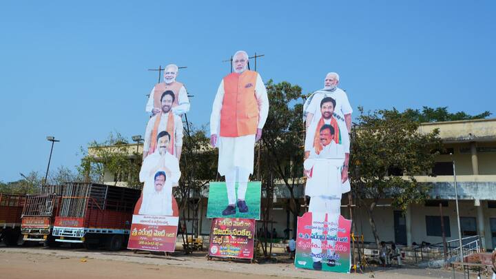 Cutouts of Prime Minister Narendra Modi and Telangana BJP leaders, ahead of the prime minister’s visit on Monday. (Photo: X/@BJP4Telangana)