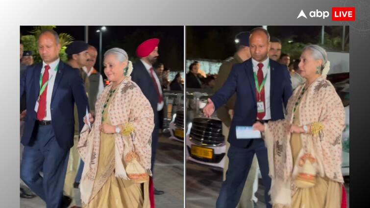 jaya bachchan smiles at paparazzi from jamnagar shocked fans says aaj toh daant nahi lagai पैपराजी को देख जया बच्चन ने की स्माइल तो चौंक गए लोग, यूजर्स बोले- 'आज तो डांट नहीं लगाई'