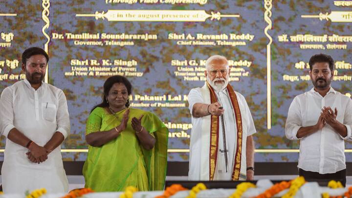 PM Modi launches various developmental projects related to power, rail and road sectors in Telangana worth more than Rs 56,000 crore. (Photo: PTI)