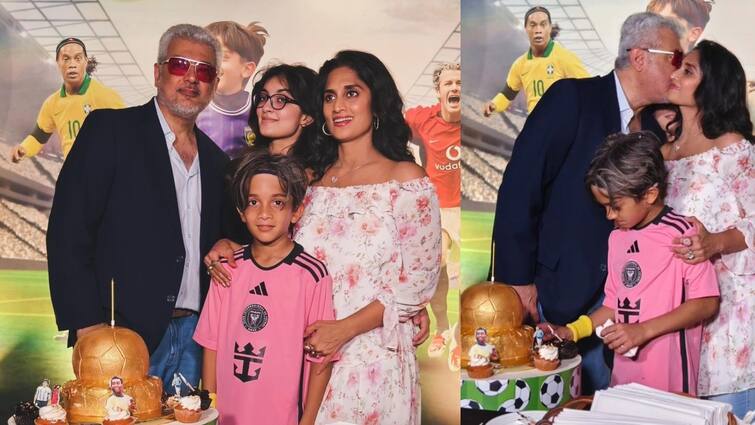 ajith shalini couple celebrate son aadvik ajith birthday with football theme Ajith Kumar - Shalini: மகனின் ஃபுட்பால் ஆர்வத்தை ஊக்குவித்து பிறந்தநாள் கேக்: அஜித் செயலைப் பாராட்டும் ரசிகர்கள்!