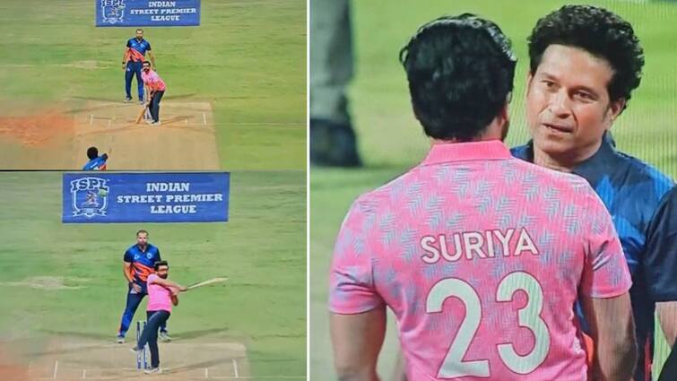 ISPL 2024 Sachin Tendulkar Bowling To Actor Suriya At A Friendly Match- Watch Video Watch Video: சச்சின் பந்து போட.. சூர்யா அடித்து ஆட.. கண்கொள்ளா காட்சியாக மாறிய ஆட்டம்!