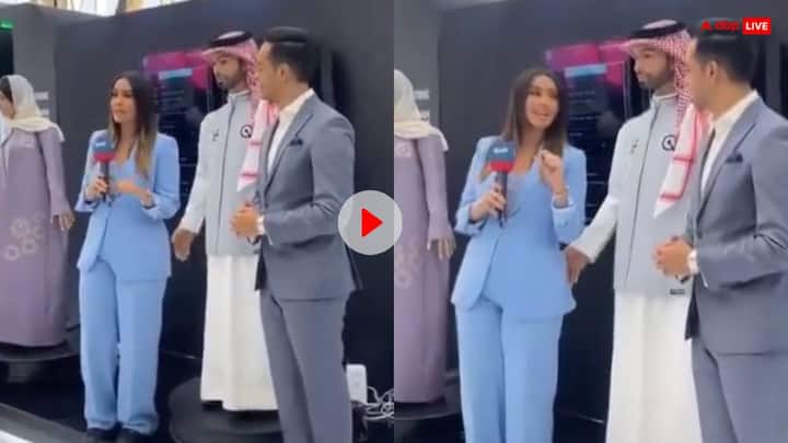 Humanoid Ai robot harass female reporter in saudi arabia video goes viral on social media trending सऊदी अरब में Robot की गंदी हरकत! LIVE कैमरे पर की महिला रिपोर्टर से छेड़छाड़, Video Viral