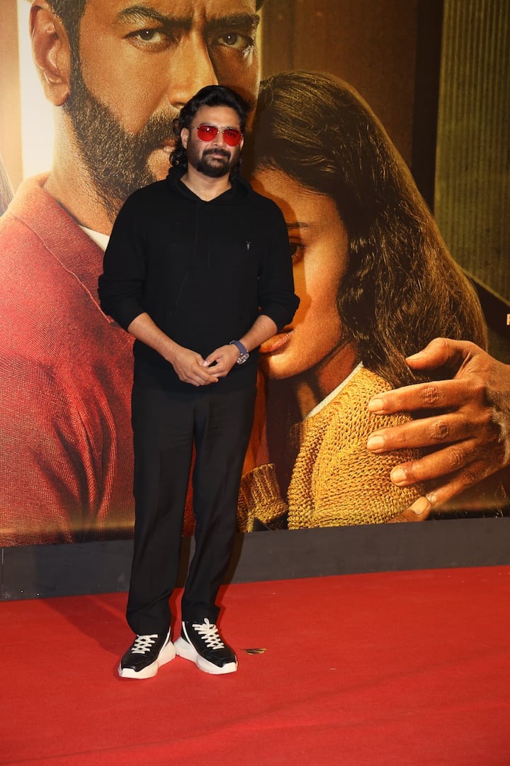 Actor R Madhavan arrives for the screening in all-black attire.
