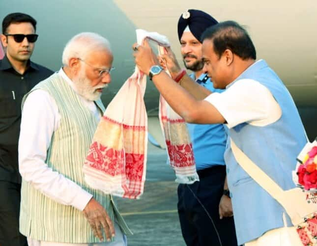 Modi landed at Salonibari airport in Tezpur in the afternoon, where he was warmly welcomed by Assam Chief Minister Himanta Biswa Sarma and others. (Photo:X/@HimantaBiswa)