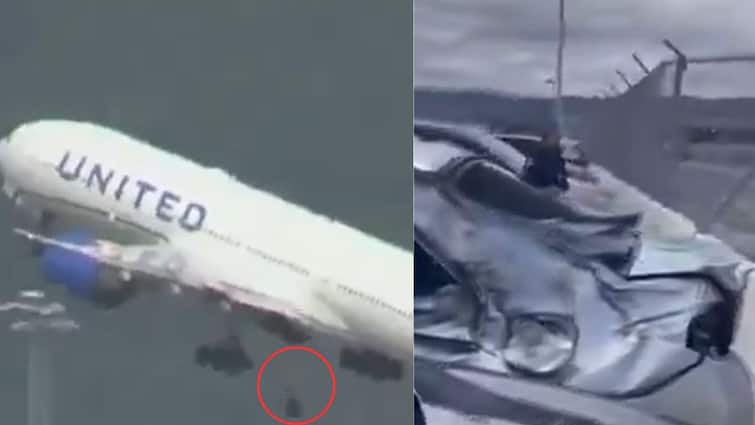United Airlines flight loses tyre soon after take off video goes viral ఫ్లైట్ టేకాఫ్ అయిన క్షణాల్లోనే ఊడి కిందపడిపోయిన టైర్ - వీడియో వైరల్