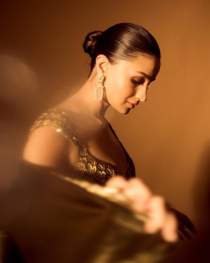 డార్క్ బ్రౌన్ కలర్ శారీ కట్టుకుని.. దానికి తగ్గ డిజైనర్ బ్లౌజ్​ని వేసుకుంది. ఈ బ్లౌజ్ డీప్​ నెక్​తో చిన్న స్లీవ్స్​తో వచ్చింది. (Images Source : Instagram/aliaabhatt)