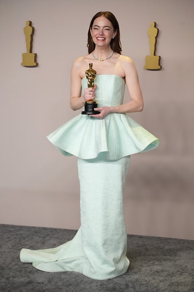 One of the best-dressed was Emma Stone, who wore a custom Louis Vuitton pale mint peplum gown. Afterwards, she won the best actress award for Poor Things.
