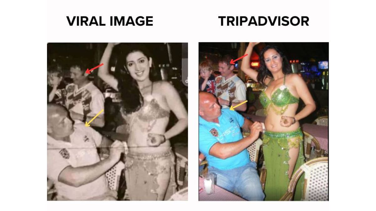 Comparison of the viral image with the TripAdvisor image, highlighted with yellow and red arrows. (Source: Facebook/TripAdvisor/Modified by Logically Facts)