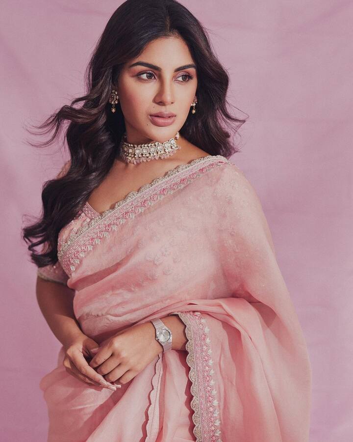 తాజాగా ఈమె షేర్ చేసిన పింక్ శారీ ఫోటోలు నెటిజన్లు అలరిస్తున్నాయి. Photo Credit: Samyuktha/Instagram