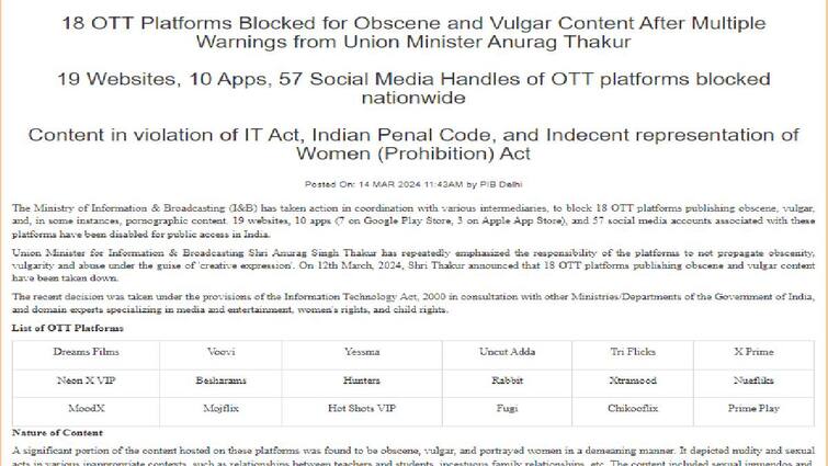 Ministry of I&B blocks 18 OTT platforms for obscene and vulgar content after multiple warnings OTT Platforms Blocked: ஆபாச படங்களை ஒளிபரப்பிய ஓடிடி: ஆப்பு வைத்த மத்திய அரசு.. முழு விவரம் உள்ளே...!