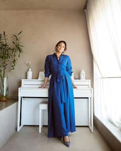 Jyothika Photos : நீல நிற உடையில் க்யூட் போஸ் கொடுக்கும் ஜோதிகா!