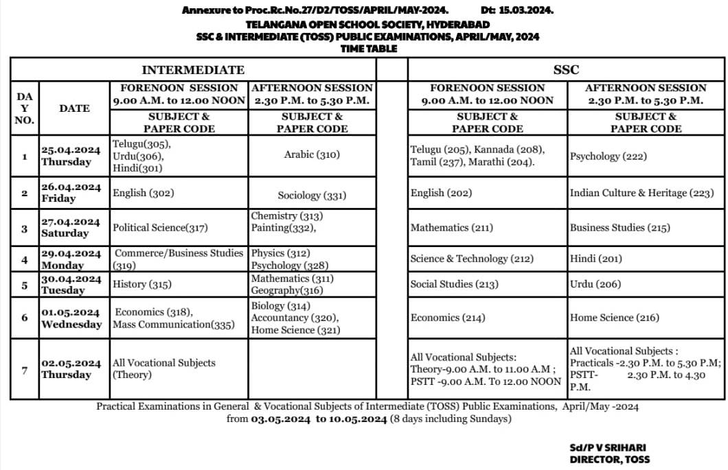 TOSS: తెలంగాణ ఓపెన్ స్కూల్ టెన్త్, ఇంటర్ పరీక్షల హాల్‌టికెట్లు విడుదల, టైమ్‌టేబుల్ ఇలా