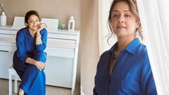 Jyothika Photos : நீல நிற உடையில் க்யூட் போஸ் கொடுக்கும் ஜோதிகா!