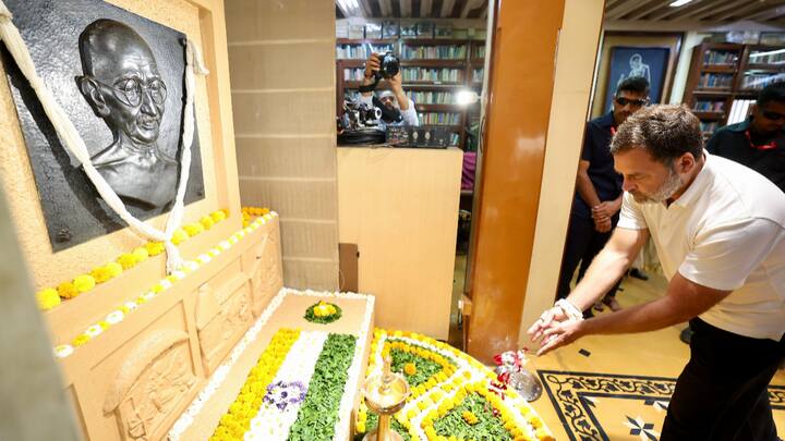Congress leader Rahul Gandhi paid tribute to Mahatma Gandhi in Mumbai on Sunday, alongside his sister Priyanka Gandhi Vadra and Tushar Gandhi, the great-grandson of the Father of the Nation. (Source: PTI)
