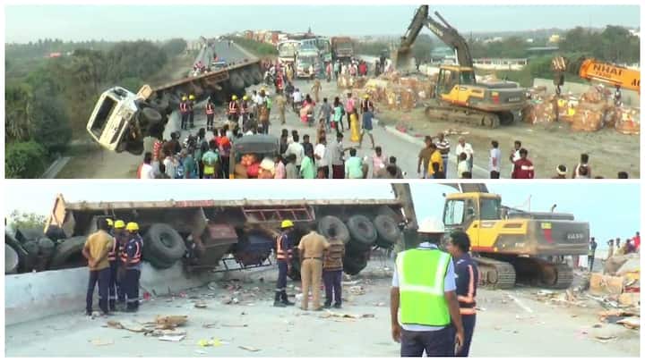 Villupuram news lorry overturned on the Chennai Trichy National Highway Traffic jam - TNN சென்னை - திருச்சி தேசிய நெடுஞ்சாலையில் லாரி கவிழ்ந்து விபத்து - விழுப்புரத்தில் போக்குவரத்து பாதிப்பு