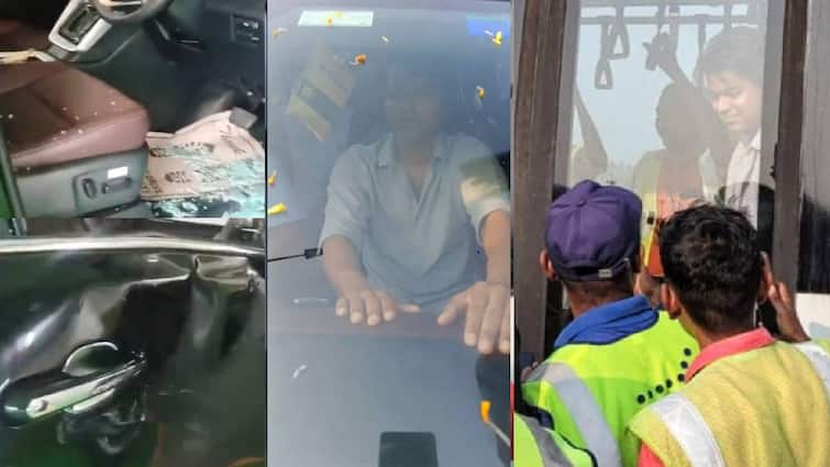 Actor Vijay Car Damaged in Kerala By Thalapathy Fans GOAT Tamil Cinema News Vijay Car Damage: விஜய்யை தொட நினைத்தாலே சேதாரம் தான்.. கார் கண்ணாடியை உடைத்த ரசிகர்கள்!