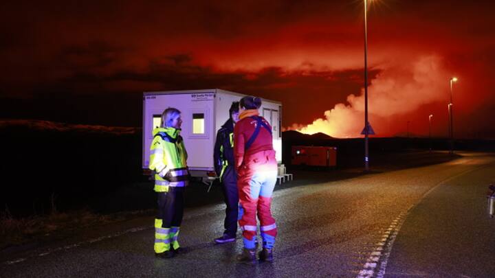 Emergency services are seen near the site of the volcanic eruption near Grindavik which is a small fishing town of some 4,000 residents. (Photo: Getty)