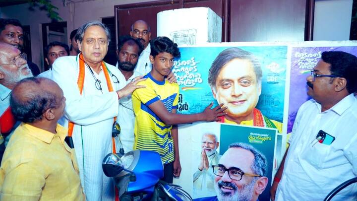 Shashi Tharoor allegation Kerala 14 years boy thrashed for leaning on BJP Rajeev Chandrasekhar poster in Thiruvananthapuram Thiruvananthapuram: 'बीजेपी के पोस्टर पर टेक लगाकर खड़ा था तो उनके गुंडों ने पीटा', शशि थरूर ने लगाया आरोप, बच्चे से की मुलाकात