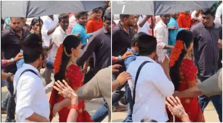 Rashmika Mandanna first look viral from Allu Arjun film Pushpa 2 video goes viral 'पुष्पा 2' के सेट से वायरल हुआ Rashmika Mandanna का फर्स्ट लुक, रेड साड़ी में नजर आईं श्रीवल्ली