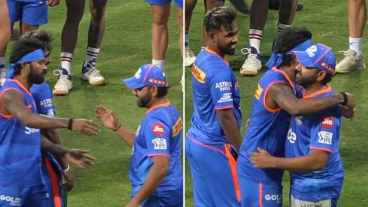 Ipl 2024 Hardik Pandya Rohit Sharma Hug Video Mumbai Indians Captaincy Indian Premier League IPL 2024: Hardik Pandya Greets Rohit Sharma With Heartfelt Hug During MI's Training Session | WATCH