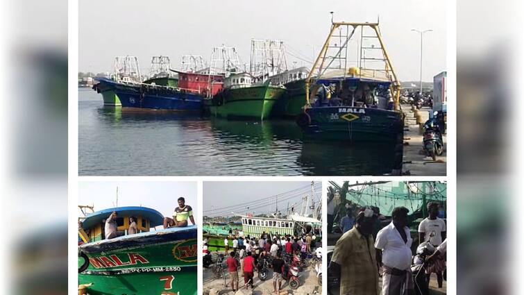 Thoothukudi fishermen captured Kulachal and Kerala barges fishing in Thoothukudi waters தூத்துக்குடியில் கேரள விசைப்படகுகளை சிறைப்பிடித்த மீனவர்கள் - பரபரப்பு