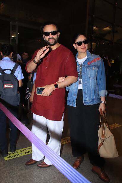 Kareena Kapoor Pics: બોલિવૂડ એક્ટ્રેસ કરીના કપૂર તેના પરિવાર સાથે એરપોર્ટ પર જોવા મળી હતી. કરીના સાથે સૈફ, જેહ અને તૈમુરે પાપારાઝીઓને પોઝ આપ્યા હતા.