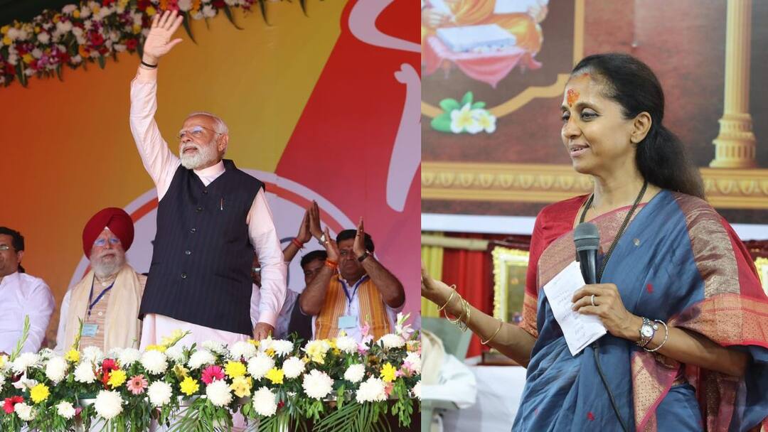Supriya Sule criticized PM Narendra Modi in Baramati Shetkari Melava in presence of Sharad Pawar Baramati Loksabha Maharashtra Loksabha Marathi News Supriya Sule on PM Narendra Modi : नमो रोजगार मेळाव्याचा मंडप 5 कोटींचा होता, सुप्रिया सुळेंचा पीएम मोदींवर हल्लाबोल