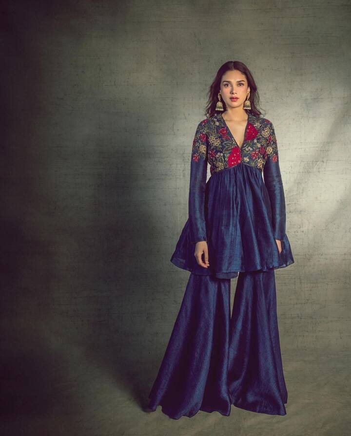 Aditi Rao Hydari exuded elegance in a royal blue kurta-sharara ensemble.