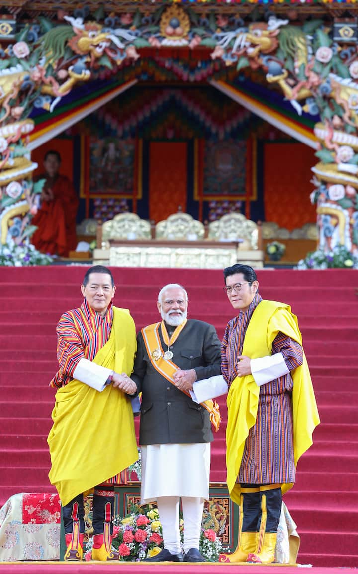 Prime Minister Narendra Modi was bestowed with Bhutan’s highest civilian honour, the 'Order of the Druk Gyalpo', by King Jigme Khesar Namgyel Wangchuck, making him the first foreign head of government to receive this accolade. (Photo: PIB)