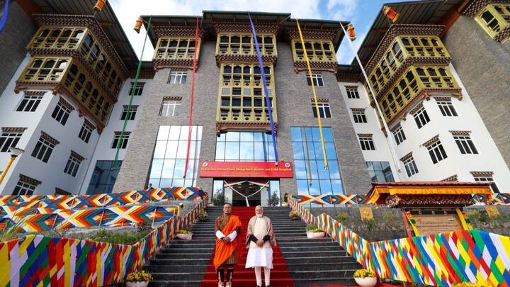 PM Modi and PM Tobgay outside the Gyaltsuen Jetsun Pema Mother and Child Hospital. The Bhutanese prime minister expressed his gratitude towards the Indian government for fully funding the construction of the state-of-the-art hospital. (Photo: X/@narendramodi)