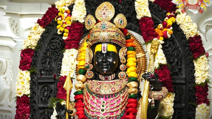 Ram Lalla statue on the first Holi after the Pran Pratishtha ceremony at Ram Temple, on Sunday, in Ayodhya, Uttar Pradesh. Gulal was applied to the idol’s cheeks. (Photo: @ShriRamTeerth)