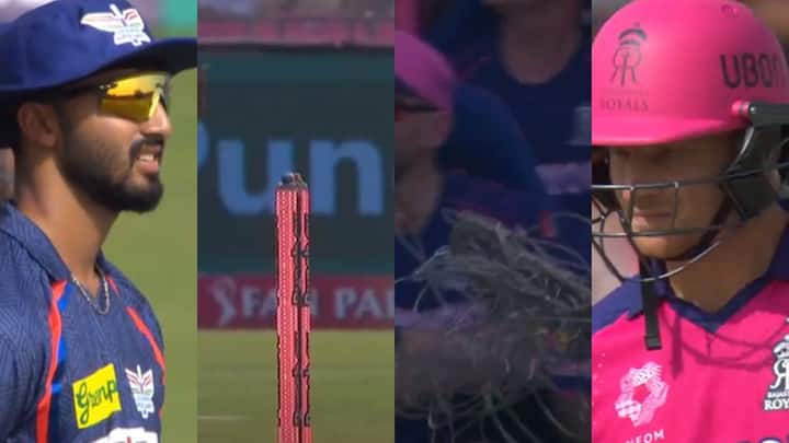 IPL 2024 Rajasthan Royals vs Lucknow Super Giant match stopped two times in Jaipur due to spider cam wire and zing bails IPL 2024: जयपुर में 20 गेंदों के अंतराल पर दो बार रुका राजस्थान-लखनऊ मैच, पहले टूटा तार और फिर...