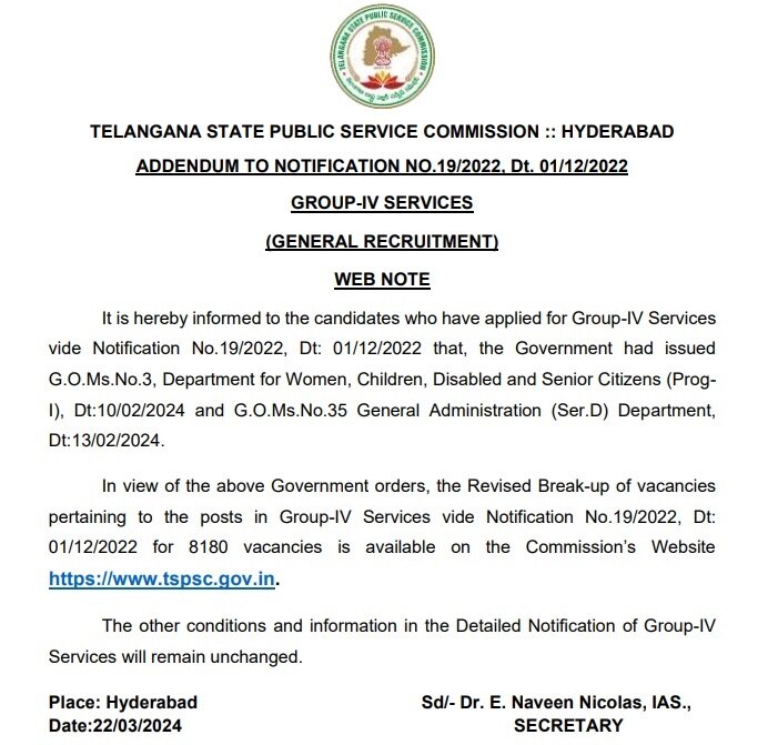 TSPSC: గ్రూప్‌-4 అభ్యర్థులకు అలర్ట్, సవరించిన ఖాళీల జాబితా వెల్లడి - జిల్లాలవారీగా కేటాయింపులివే!