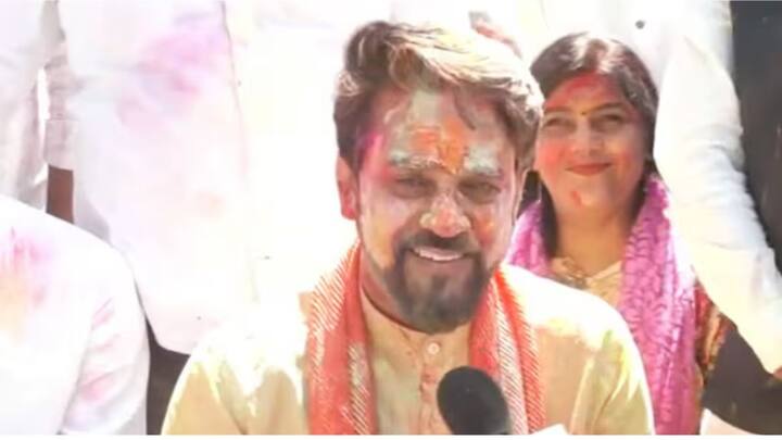 Union Minister Anurag Thakur extended his greetings to the people of the country on the occasion of Holi, reported ANI. (Image source: ANI)