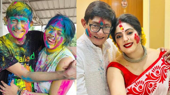 বিয়ের পরে কাঞ্চন মল্লিক ও শ্রীময়ী চট্টরাজের প্রথম দোল। বাড়িতে পুজো ও তারপরে মাতলেন হোলি খেলায়।