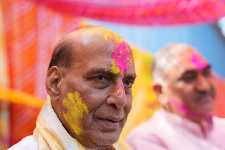 New Delhi: Defence Minister Rajnath Singh during Holi celebrations at his residence, in New Delhi, Monday, March 25, 2024.  (Image source: PTI images)