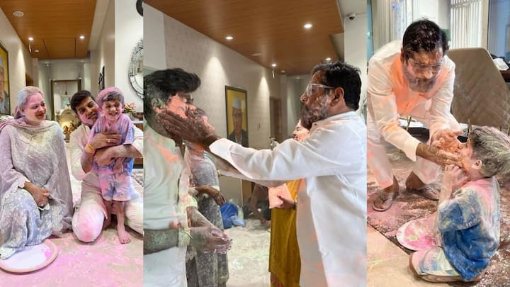 Holi Celebration Pics: महाराष्ट्र के सीएम एकनाथ शिंदे ने आज अपने परिवार के साथ होली खेली है. इसकी कुछ तस्वीरें भी सामने आई है.