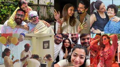 photos of rajinikanth and other movie celebrities celebratig holi festival Holi 2024: சூப்பர் ஸ்டார் ரஜினிகாந்த் முதல் ராஷ்மிகா வரை: பிரபலங்களின் அட்டகாசமான ஹோலி புகைப்படங்கள்!