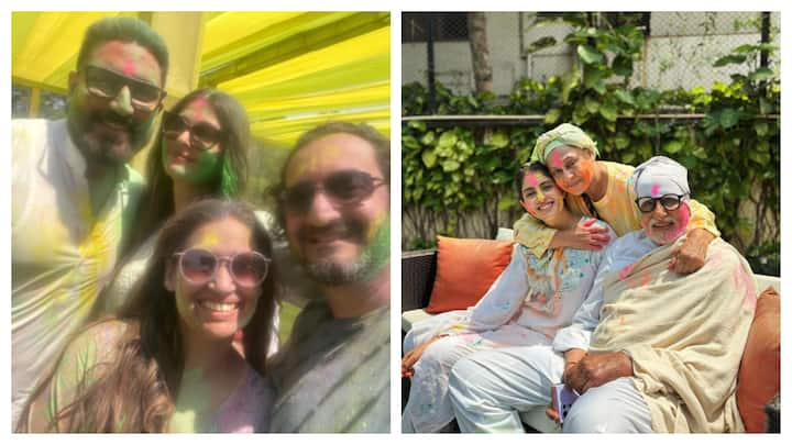 Celebrity power couple Aishwarya Rai Bachchan and Abhishek Bachchan celebrated Holi with their friends.